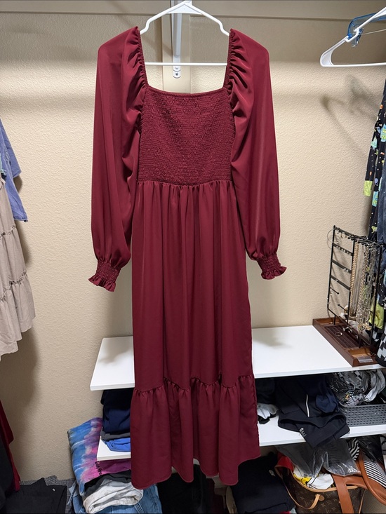 SHEIN Dresses & Skirts - SHEIN Burgundy Long Sleeve Smocked Square-Neck Midi Dress